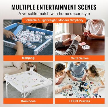 Стіл для маджонгу VEVOR, стіл доміно, складний картковий стіл для 4 гравців з 4 підставками для напоїв та 4 лотками для фішок, портативний ігровий стіл доміно з 1 набором доміно для маджонгу, покеру та головоломок, білий