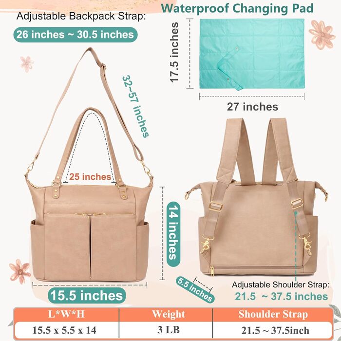 Пеленальна сумка MOMINSIDE, сумка-сумка, шкіряна пеленальна сумка, рюкзак з 14 кишенями для мами, тата, список бажань для дитини,