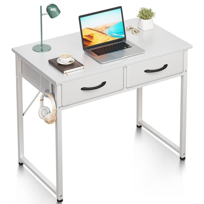 Письмовий стіл з 2 шухлядами, 80x40x78,7 см, невеликий стіл з тримачем для навушників, офісний стіл, ПК-стіл для офісу, вітальні, домашнього офісу, білий 80x40x78,7 см, білий