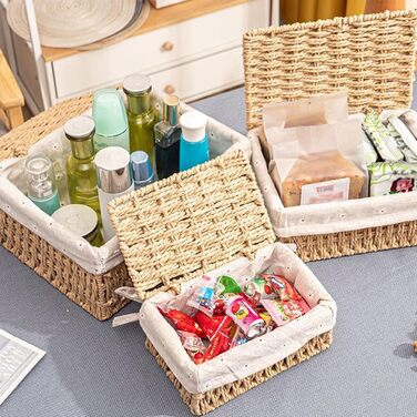 Набір із 3 кошиків для зберігання з кришками плетені кошики з паперової мотузки, 3 розміри, з підкладкою, кошики в стилі бохо для ванної кімнати, іграшок, вітальні та спальні.