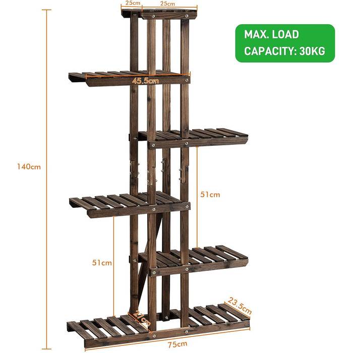 Ярусна підставка для квітів Yaheetech, полиця для квітів з масиву дерева, стійка для рослин, компактна та багатофункціональна лавка для квітів для балкону/тераси/саду 75 x 27 x 140 см, 6-