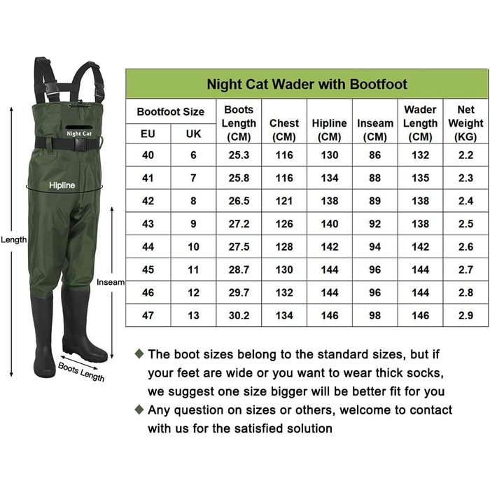 Вейдерси Night Cat для чоловіків та жінок, водонепроникні та дихаючі вейдерси з черевиками, 43W, зелені