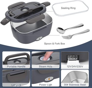 Електричний ланч-бокс 80 Вт Heatbox 1,5 л Портативний термобокс 3-в-1, герметичний ланч-бокс для дорослих, 12 В/24 В/230 В, знімні ізольовані харчові контейнери для автомобіля, вантажівки, офісу, дому, сірий, підключається до мережі
