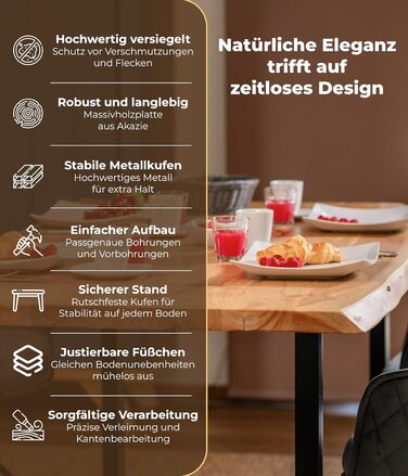 Стіл з натуральним краєм 140x80 см Товщина стільниці 3,6 см Обідній стіл з масиву акації з U-подібною основою, справжнім натуральним краєм, натурального кольору Ручна робота та міцний Доставка до потрібного вам місця включена. Коричневий 140 x 80 см (з U-