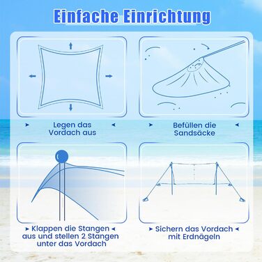 Пляжний намет COSTWAY 230 x 200 см, UPF 50, Сонячний намет з піщаними кріпленнями, мішками з піском та 2 опорними стійками, портативний сонцезахисний навіс, сонцезахисний тент для пляжу, риболовлі, пікніка (синій) 230 x 200 см синій