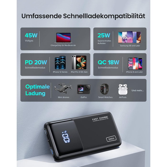 Вт швидка зарядка світлодіодний дисплей 15000mAh портативний зарядний пристрій PD3.0 QC4.0, 3A виходи факел мобільний телефон акум