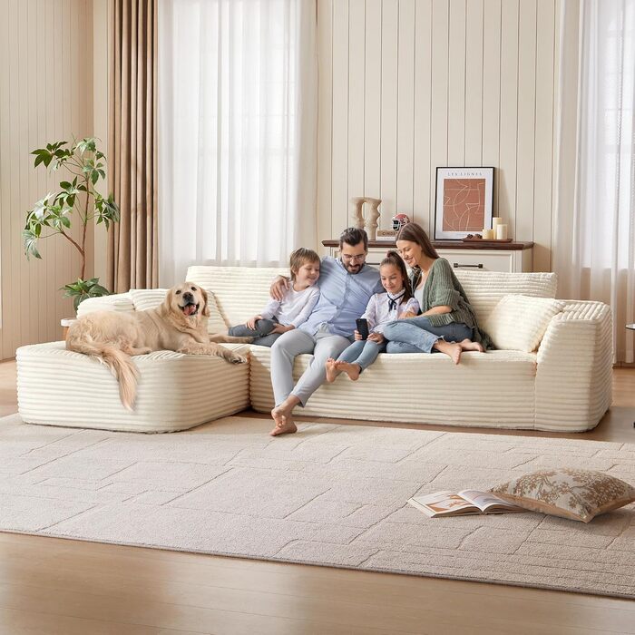 Кутовий диван LINSY HOME зі сном - Модульний розкладний диван з вельвету 270 см, L-подібний диван, 3-місний диван з пуфом, секційний диван для вітальні, не потребує складання, бежевий вельвет