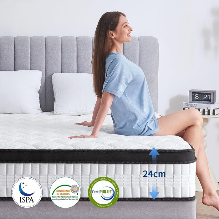 Матрац 140x200 см, висота 24 см, середньої жорсткості (H3/H4), ортопедичний 7-зонний пружинний матрац 140x200 з комфортною піною, сертифікований Oeko-Tex, 480 пружин кишенькового типу на 2 м, 140x200x24 см