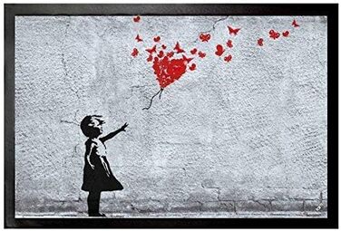 Дівчина з повітряною кулькою та метеликами, килимок у стилі Бенксі Декоративний килимок для приміщень Дизайнерський килимок для прихожих 60x40 см, 1art1