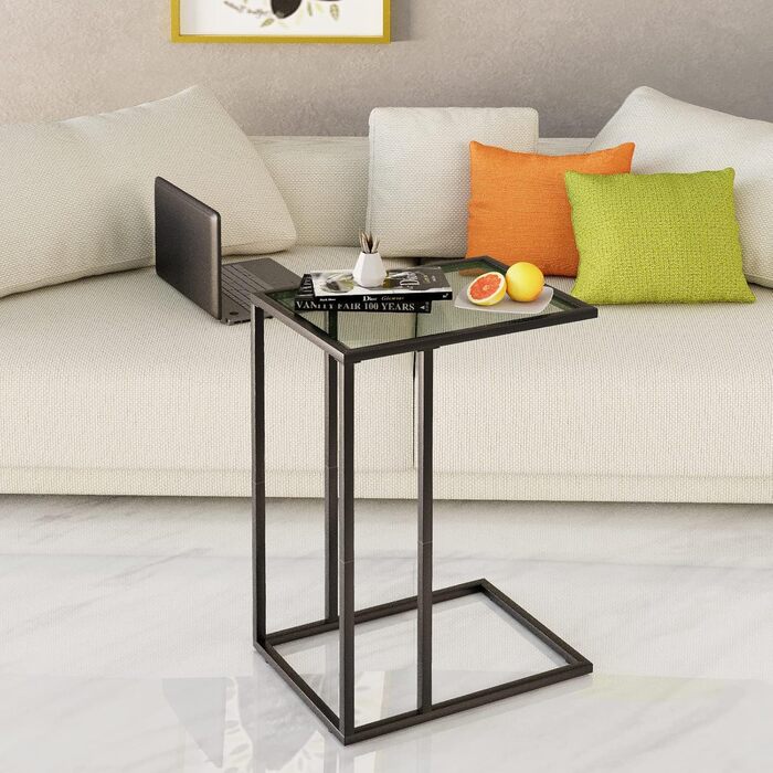 С-подібний приставний столик, комплект з 2 приставних столиків до дивана, журнальний столик, маленький столик, столик до дивана, тумбочка біля ліжка, бічний столик, столик для ноутбука, столик до дивана, скло, чорний (2 шт.)