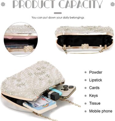 Жіноче клатч з перлинною вишивкою. Елегантна кришталева сумочка для весілля, вишукана вечірня сумочка, сумка для нареченої на ланцюжку для вечірок та випускних, срібляста.