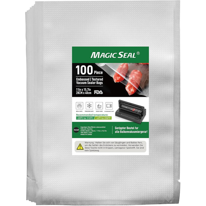 Структура вакуумного пакета MAGIC SEAL, дуже товста вакуумна пакувальна плівка 190 мкм, PAPE, без BPA, sac sous vide, 100 пакетів (28 x 40 см)