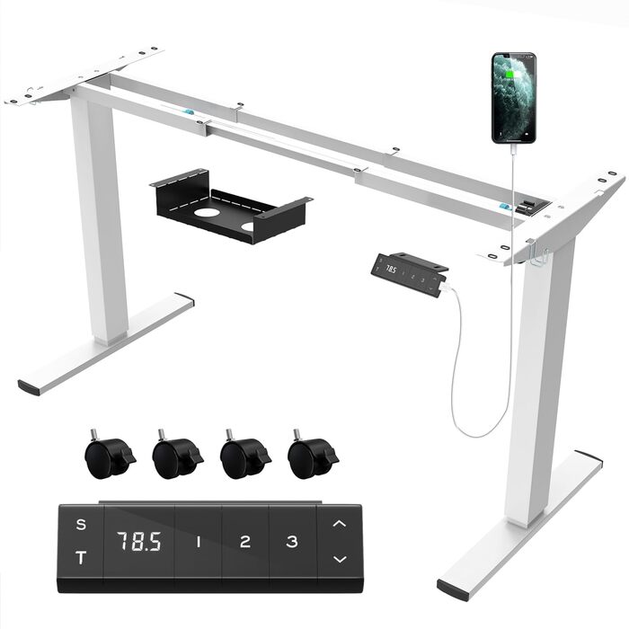 Каркас столу JUMMICO з регульованою висотою, USB-портом та кабельним лотком, електрично регульований каркас столу з колесами, стіл для роботи стоячи (білий)