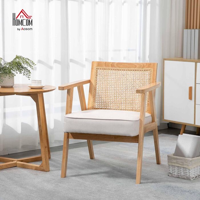 Крісло HOMCOM, крісло-реклайнер для вітальні з підлокітниками, подушка сидіння, крісло для відпочинку зі спинкою з ротанга, крісло для читання з ефектом льону, дерев&39яний каркас, м&39яке крісло для спальні, кремовий