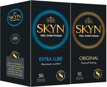 Презервативи SKYN Extra Lube 50 предметів та оригінальні презервативи (10 шт. ) Презервативи Skynfeel без латексу, надзвичайно вологі та зручні для використання з нашими змазками