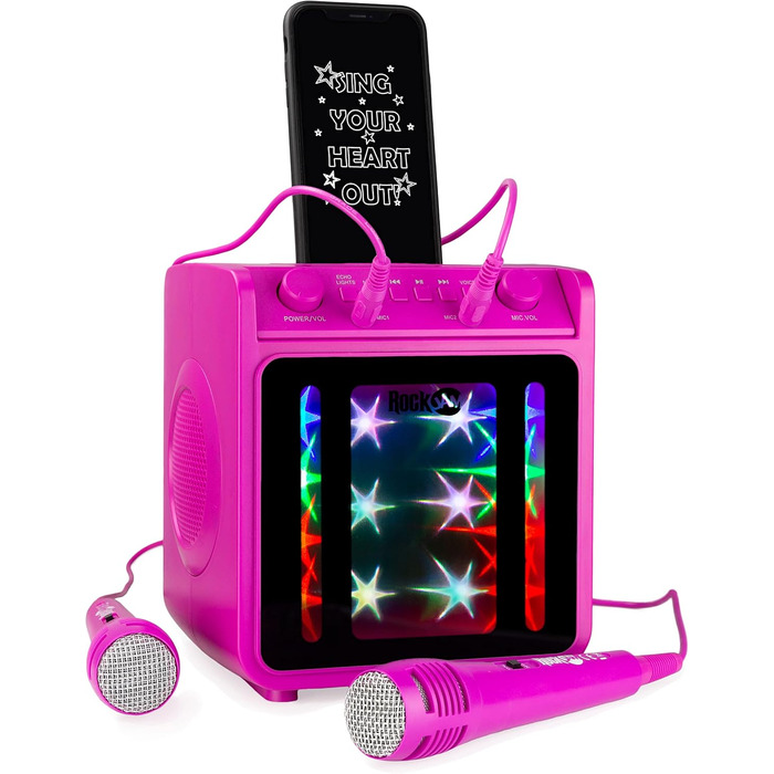 Караоке-машина RockJam 10 Вт, акумуляторна, з двома мікрофонами, рожева