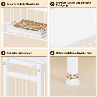 Вузький журнальний столик, маленький журнальний столик з 3 полицями, стійка для журналів, журнальний столик для вузьких приміщень, дротяна сітка, маленька тумбочка для ліжка, для вітальні, спальні, білий