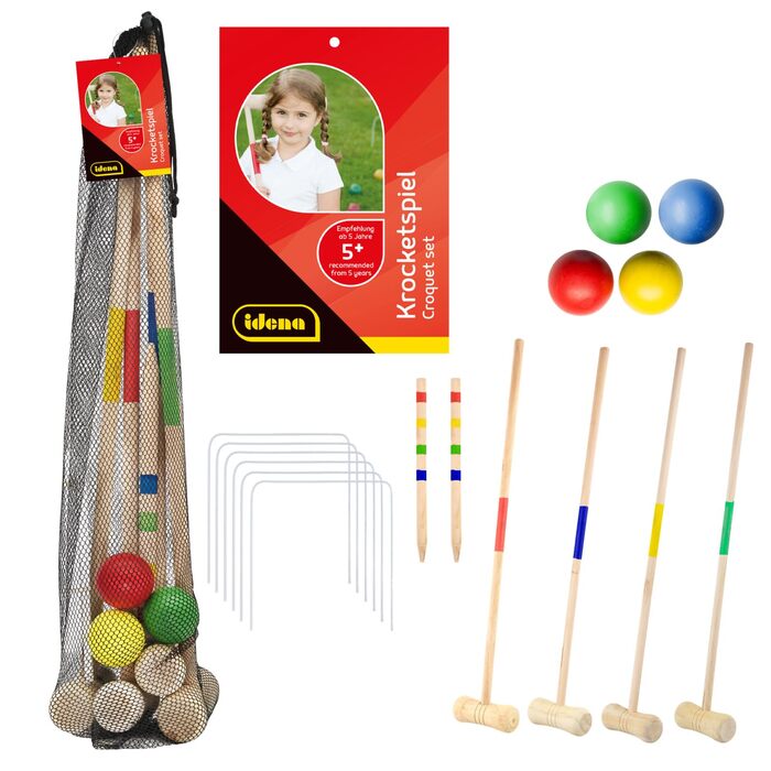 Дерев&39яний набір для крокету з молотками, м&39ячами, металевими хвіртками та стійками воріт, у практичній сітці для перенесення, цікава гра для дозвілля в саду та парку - Idena 40609