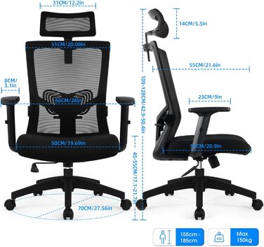 Ергономічний офісний стілець, стілець для робочого столу з регульованим підголовником, підлокітниками, поперековою опорою, поворот