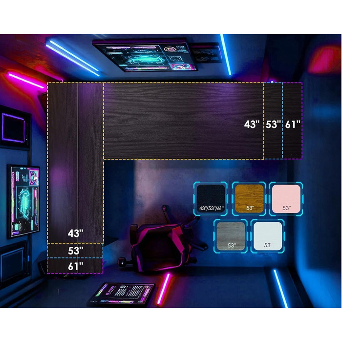 Г-подібний кутовий стіл Garvee, чорний зі світлодіодним освітленням та відсіком, ігровий стіл з підставкою для монітора та бічною кишенею, сучасний комп&39ютерний стіл для домашнього офісу, міцний стіл з полицею, 124x92 см