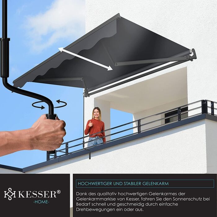 Складаний тент KESSER 300 x 250 см Затискач для тенту для патіо Сонцезахисний тент з настінним кронштейном Сонцезахисний балконний тент Водовідштовхувальний алюміній/поліестер, антрацит 300 x 250 см Антрацит