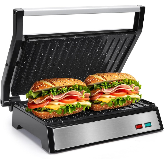 Контактний гриль для сендвічів, стейків і як гриль для паніні, бутербродниця з антипригарним покриттям, гриль паніні потужністю 1500 Вт зі знімною коробкою для збору масла, відкривання на 180.