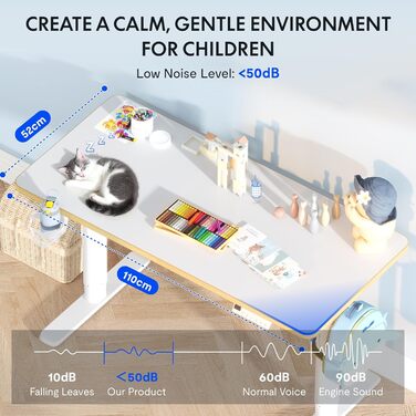 Дитячий письмовий стіл FLEXISPOT, з електричним регулюванням висоти, для дітей віком від 6 років, зі світлодіодним дисплеєм висоти, 3 положеннями пам&39яті, блокуванням від дітей та ергономічною стільницею, 110 x 52 см, білий