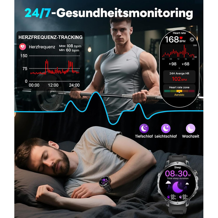 Розумний годинник LIGE Military для чоловіків (3 ремінці) - 1000 мАг/1,85 дюйма HD великий сенсорний екран/світлодіодна підсвітка, фітнес-годинник з понад 110 спортивними режимами, відстеження серцевого ритму/сну, спортивний годинник для iOS/Android, наси