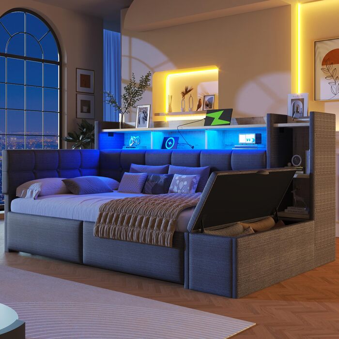 Кушетка, диван-ліжко, 90190 см, з двома шухлядами, портами USB та Type-C, відділенням для зберігання речей, лавкою для зберігання речей у нижньому кінці, світлодіодною стрічкою, без матраца, оксамит (темно-сірий)