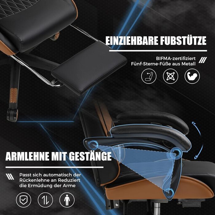 Ігрове крісло LUCKRACER, ергономічне офісне крісло з підставкою для ніг, регульованим поперековим відділом хребта та підголівником, м&39яке ігрове крісло, вантажопідйомність 150 кг, коричневий колір