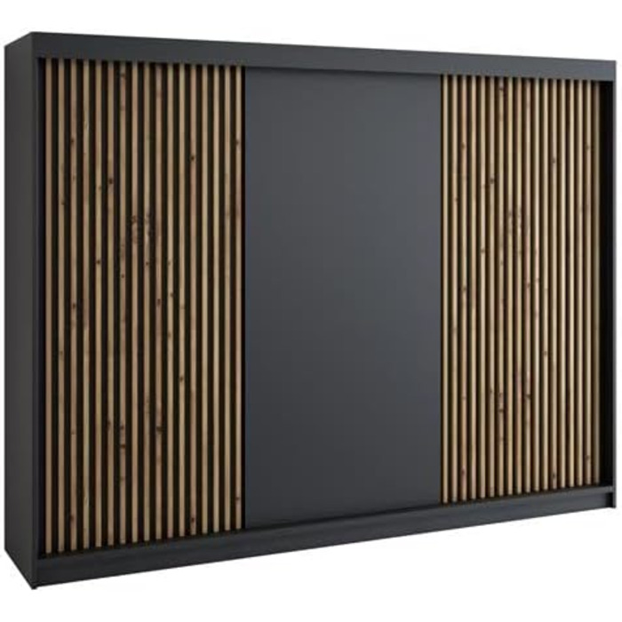 Шафа-купе з розсувними дверима, 3-дверна з 4 шухлядами та 3D ламелями, 200 см (Чорний/Чорний/Чорний/Чорний)