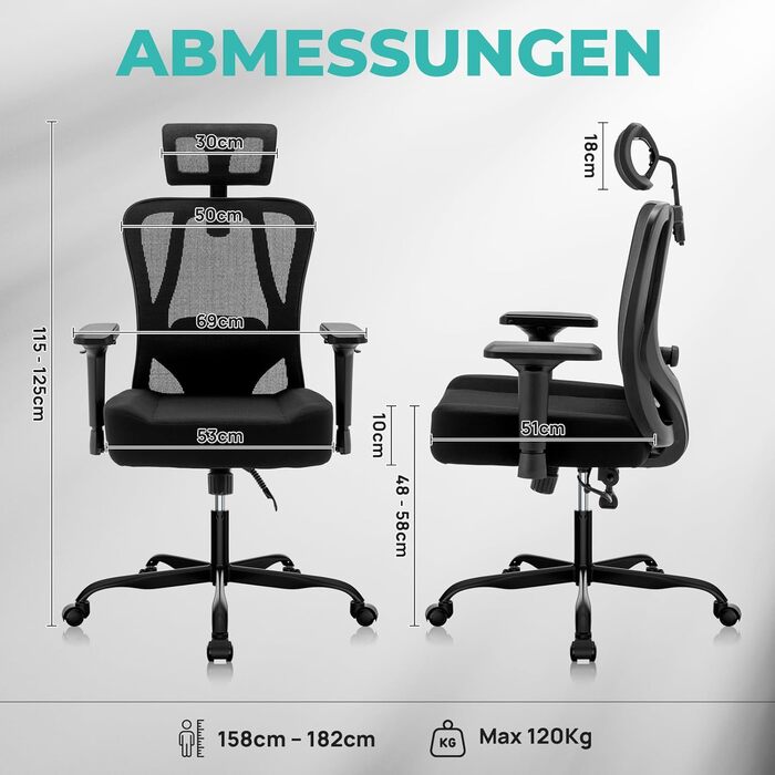 Ергономічне офісне крісло, обертове крісло з функцією гойдання, офісне крісло з регульованим підголівником, 2D підлокітники, крісло керівника з сітки, поперекова підтримка, функція гойдання 90-125, вантажопідйомність 120 кг Black-1