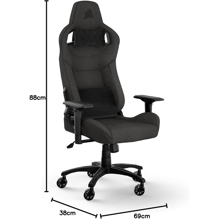 Ігрове крісло Corsair T3 RUSH з тканинною оббивкою (2023) Дизайн у стилі гонок Мяка оббивка Мяка подушка для шиї Поперекова підтримка з піни з ефектом памяті Темно-сірий антрацитовий колір T3 RUSH (2023)