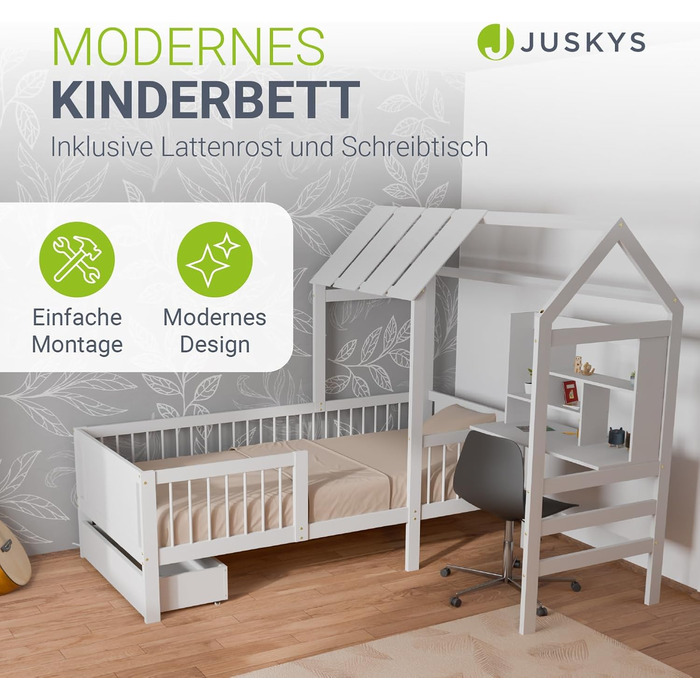 Дитяче ліжко Juskys Yari 90x200 см - Односпальне ліжко з письмовим столом та шухлядою, сосна та міцні матеріали, дизайн &quotГрайливий будиночок&quot - Біле