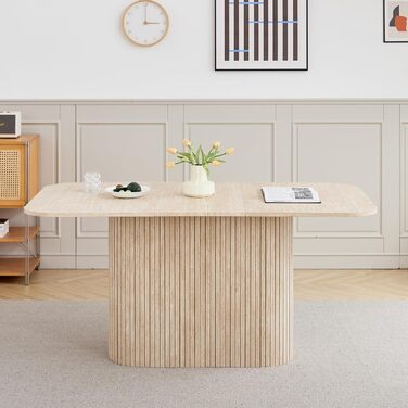 Сучасний обідній стіл на 4-6 осіб, прямокутний кухонний стіл 160 см (травертин) з важкою основою-тумбою для вітальні, кухні, квартири, жовтий