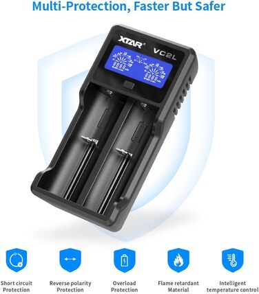 Зарядний пристрій XTAR VC2L USB C Оновлений зарядний пристрій 18650 Швидкий зарядний пристрій 2A 26650 Зарядний пристрій з РК-дисплеєм для батарейок AA AAA CD (VC2L)