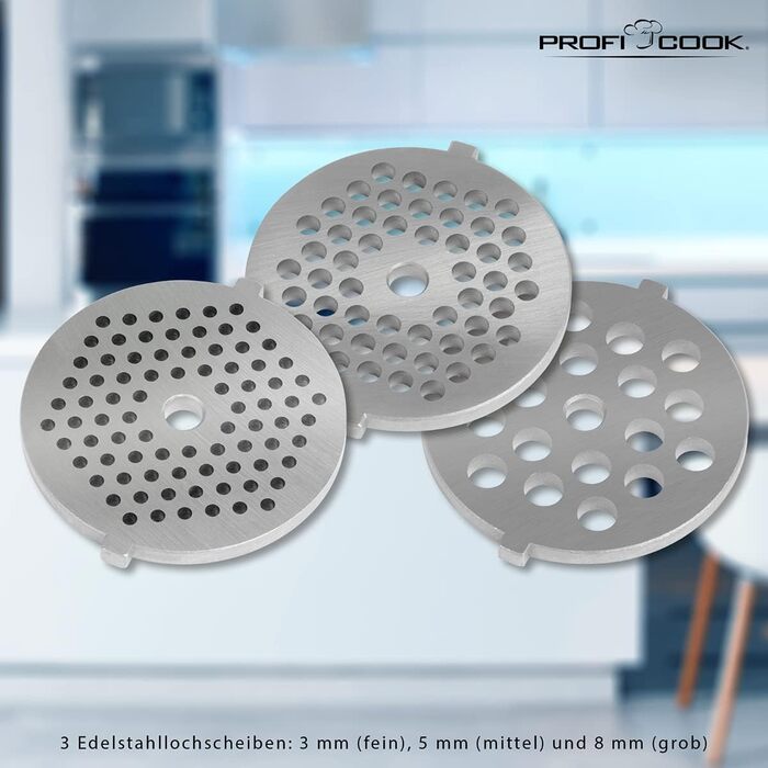 Електрична м'ясорубка Profi Cook PC-FW 1172, 1800 Вт, для м'яса, ковбас та печива, 2 кг/хв, з насадками для ковбас, кеббе та 3 сталевими дисками, нержавіюча сталь, срібляста