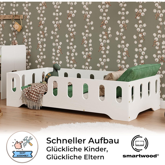 Дитяче ліжко smartwood TILA 2L 120x180 із захистом від випадіння та рейковою рамою - Підлогове дитяче ліжко білого кольору - Ліжко