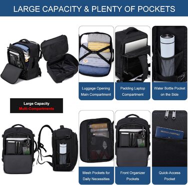 Рюкзак для ручної поклажі 40x30x20 см для Ryanair, 40x30x25 см для Eurowings, невеликий дорожній рюкзак об&39ємом 24 л, ручна поклажа, рюкзак для ноутбука для чоловіків та жінок, чорний. Black-b 40x30x20 см (24 л)