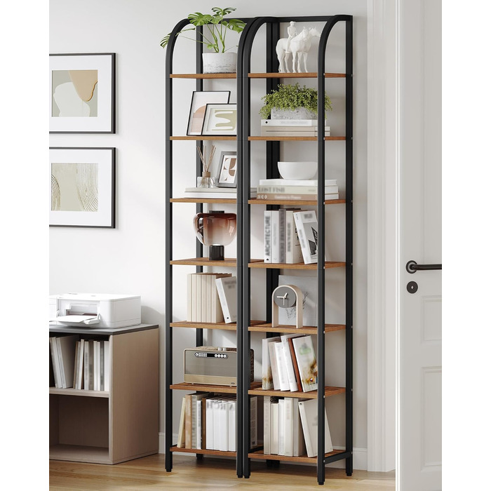 Полиця Hzuaneri, книжкова шафа, 7-ярусна полиця, полиця для DVD, вузькі полиці, офісна полиця в індустріальному стилі, металевий каркас для вітальні, спальні, кухні, вінтажний коричнево-чорний BC57001B 30 x 33,6 x 208,5 см, вінтажний коричнево-чорний
