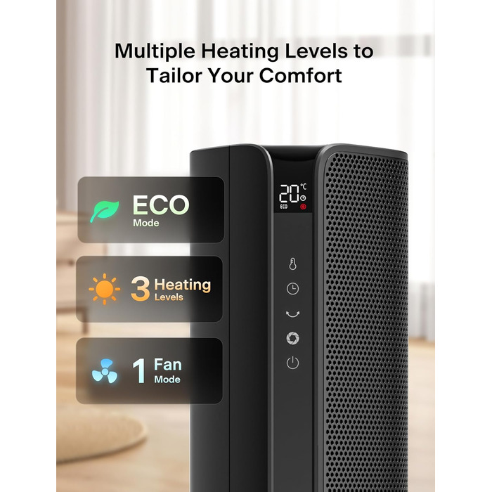 Електричний вентилятор-обігрівач PELONIS Tower Heater 2000 Вт з пультом дистанційного керування, швидкий нагрів 2S, коливання 75, еко-режим, захист від перегріву та перекидання, тихий керамічний обігрівач для спальні та офісу, 23 дюйми, чорний