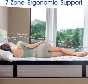 Матрац H4, гібридний матрац з пружинним ядром у формі кишенькової тканини та 7-зонною підтримкою, піна з ефектом пам&39яті ергономічний комфорт та ізоляція рухів, сертифікований Oeko-TEX та CertiPUR-US, 160x200x22 см