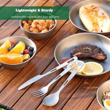 Набір столових приборів RISON-Titanium Titanium для кемпінгу, комбіновані столові прибори з 4 титанових виделок-ложок-ніжів для подорожей з карабіном та сумкою для зберігання, посуд для приготування їжі на свіжому повітрі, рюкзак для походів, щоденний пос