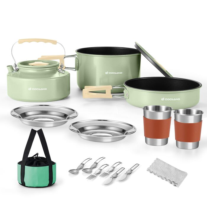 Набір посуду для кемпінгу Odoland з антипригарним покриттям, каструлями та сковорідками з чайником, мірним набором для посуду з нержавіючої сталі, чашками, тарілками, ножами, ложками, виделками для приготування їжі на свіжому повітрі, набір антипригарного