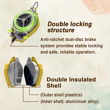 Висувний пристрій для зупинки падіння 3м/5м/7м/10м/15м/20м, зелено-жовтий ремінь безпеки, вантажопідйомність 150 кг, для покрівельних робіт/робіт на висоті (жовтий, 15 метрів)