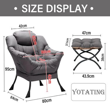 Зручне крісло з підніжкою, крісло-ліжко з оттоманкою, крісло для відпочинку, крісло для відпочинку з підлокітниками та бічною кишенею для вітальні, спальні та невеликих приміщень, темно-сірий