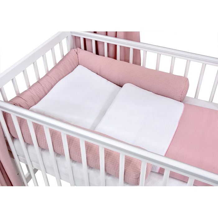 Комплект дитячого ліжечка Generic Baby Deluxe, ліжко-будиночок 60x120 см, білий захист від падіння, матрац для ліжечка, комплект постільної білизни (мусліновий балдахін, рожевий мусліновий вафельний піке)