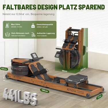 Дерев&39яний водний гребний тренажер Kitopa, складний домашній гребний тренажер з 30-денним членством у Kinomap, максимальний зріст користувача 2 м/160 кг, водний гребний тренажер з Bluetooth-дисплеєм та регульованим тримачем для телефону, коричневий