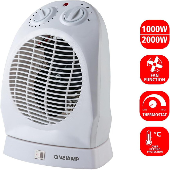 Фіксований вентилятор-обігрівач 2000 Вт, білий, з коливальною основою