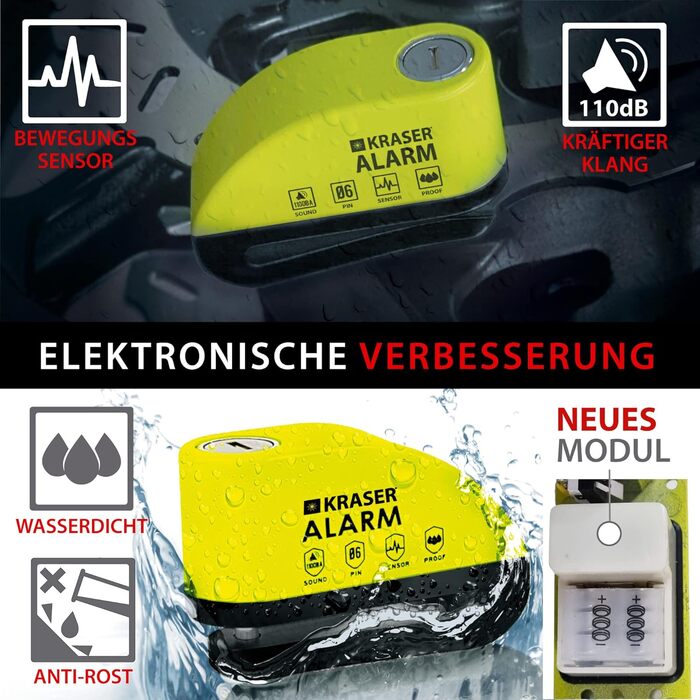 Протиугінний замок для мотоцикла з сигналізацією 110 дБ, посилений, 3 ключі (2 запасні). Високонадійний замок для мотоцикла та велосипеда, водонепроникний, з тросом нагадування 1.5 м, чохол. Універсальний замок, жовто-чорний., 6Y